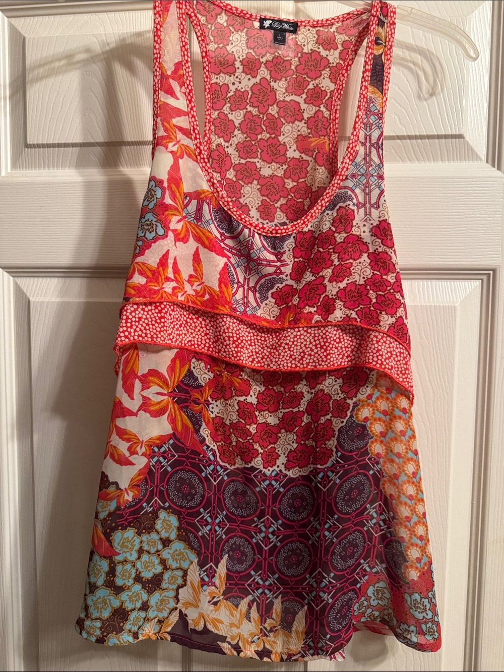 Lily White Multi-Pattern Floral Racerback Tank Top - Pink, Red, Orange, Blue